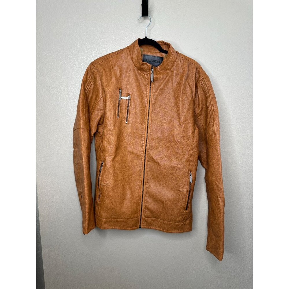 American‎ Breed Mens Brown Faux Leather Jacket Large Sherpa Lining zipper